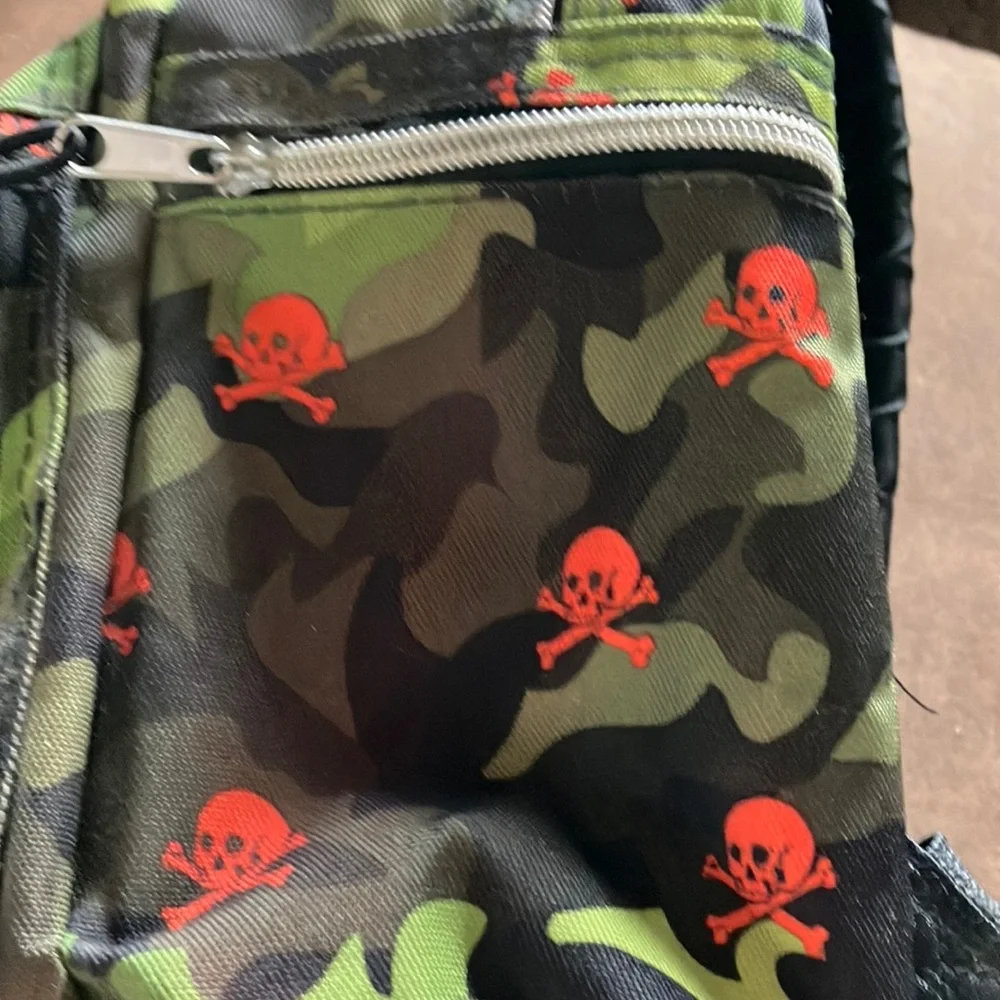Camouflage Multi-Pocket‎ Backpack with Orange Skull & Crossbones